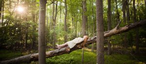 To-be High school senior wearing white dress on fallen tree in south jersey woods