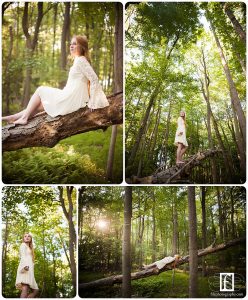 Redhead high school senior in white dress in South Jersey woods