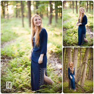 Redhead high school senior in blue dress in South Jersey woods